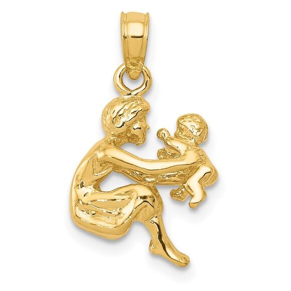 14k Yellow Gold 3D Mother Holding Child Pendant 11mm